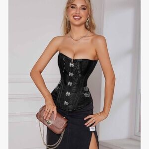 NWT DOSE black bouquet pattern  faux leather trim detailed corset top size XL